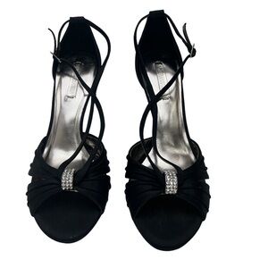 BCBGMaxAxira Olivia Black Satin Rhinestone Criss Cross Leather Ankle HeeL Shoe 9